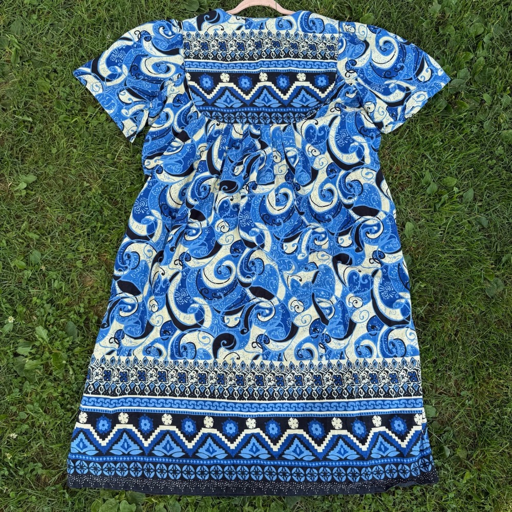 Sara Morgan Muumuu House Dress XX Blue Paisley Cotton Short Sleeve Border Print